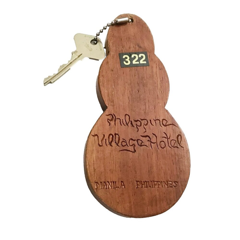Vintage Philippine Village Hotel Key & Fob Manilla PVH Historic #322 1970s Wood